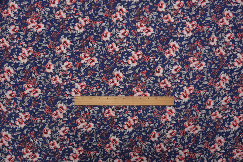 Blue-Red-Multi Rayon Floral Printed Challis Woven Fabric