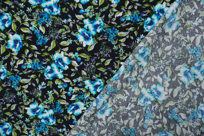 Black-Blue-Multi Rayon Floral Printed Challis Woven Fabric
