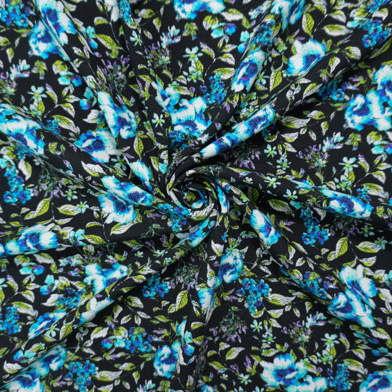 Black-Blue-Multi Rayon Floral Printed Challis Woven Fabric