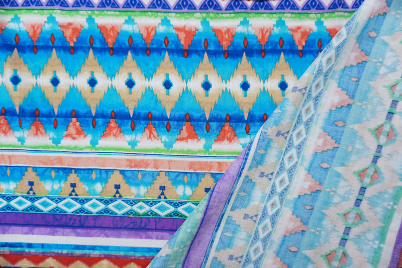 Blue-Green-Multi Rayon Aztec Printed Challis Woven Fabric