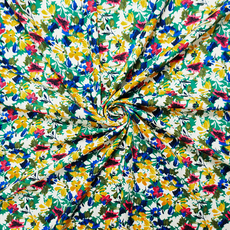 Green-Yellow-White Rayon Floral Printed Voile Woven Fabric