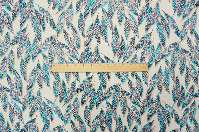 Beige-Teal-Black Rayon Leaves Printed Voile Woven Fabric