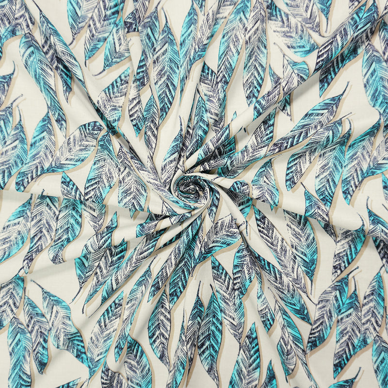 Beige-Teal-Black Rayon Leaves Printed Voile Woven Fabric