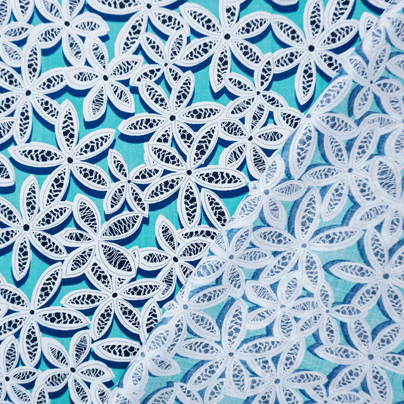 Teal-White-Multi Rayon Floral Printed Voile Woven Fabric