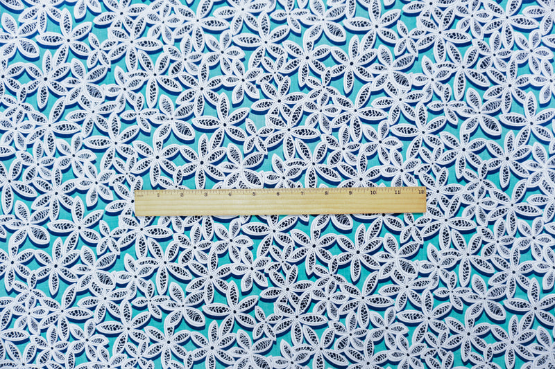 Teal-White-Multi Rayon Floral Printed Voile Woven Fabric