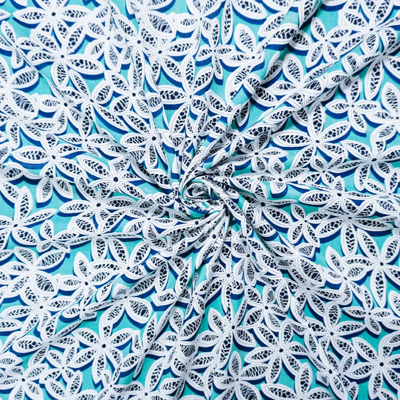 Teal-White-Multi Rayon Floral Printed Voile Woven Fabric