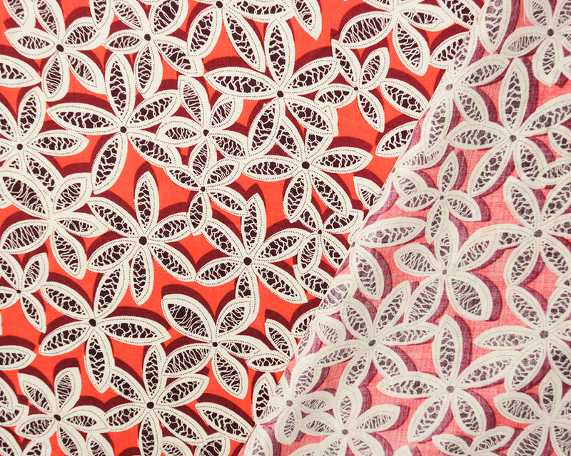 Orange-Red-White Rayon Floral Printed Challis Woven Fabric