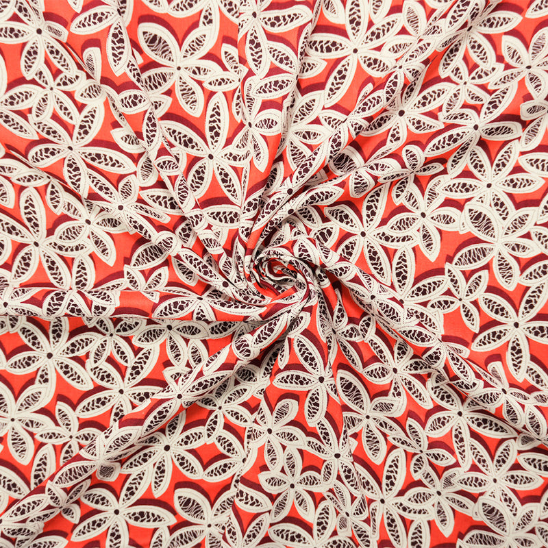 Orange-Red-White Rayon Floral Printed Challis Woven Fabric