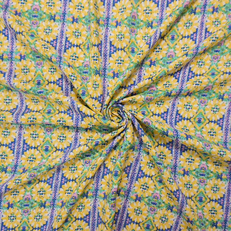 Yellow-Green-Multi Rayon Floral Printed Voile Woven Fabric