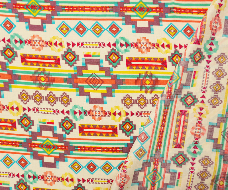 Ivory-Orange-Multi Rayon Aztec Printed Voile Woven Fabric