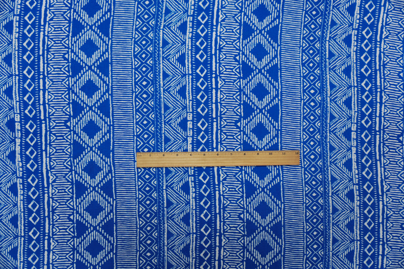 Blue-White Rayon Aztec Printed Voile Woven Fabric