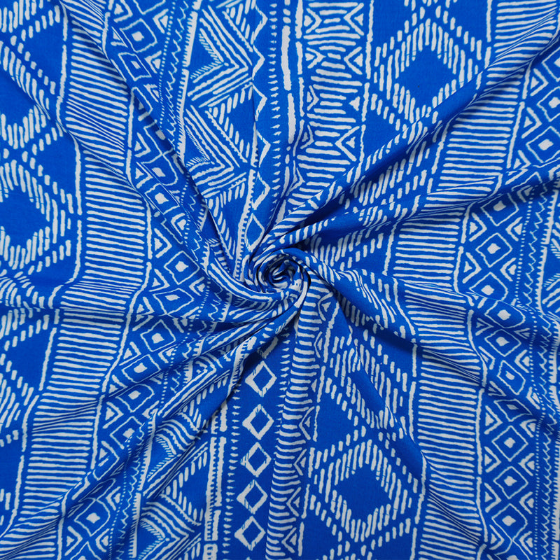 Blue-White Rayon Aztec Printed Voile Woven Fabric