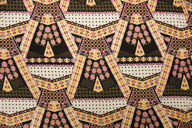 Black-Yellow-Multi Rayon Aztec Printed Voile Woven Fabric