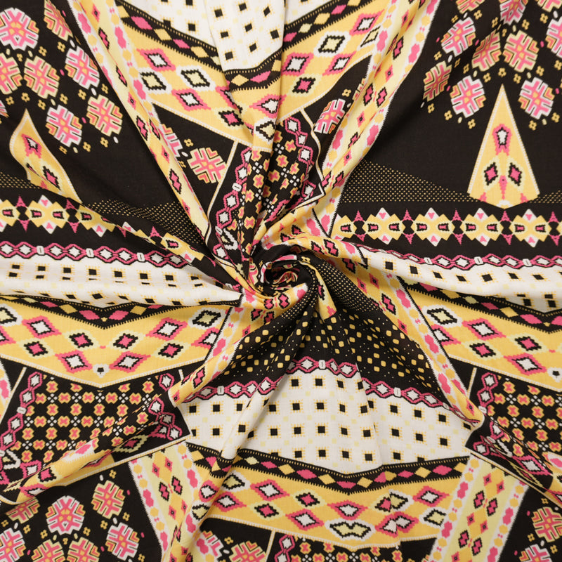 Black-Yellow-Multi Rayon Aztec Printed Voile Woven Fabric