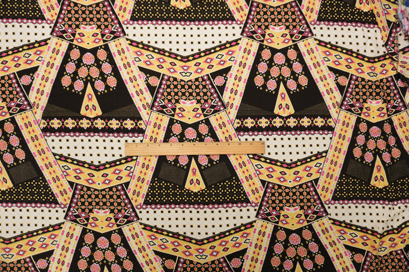 Black-Yellow-Multi Rayon Aztec Printed Voile Woven Fabric