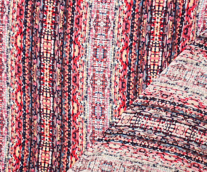 Red-Blue-Multi Rayon Abstract Printed Voile Woven Fabric