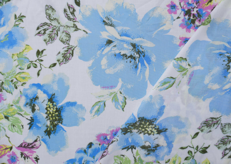 Blue-White-Multi Rayon Floral Printed Voile Woven Fabric