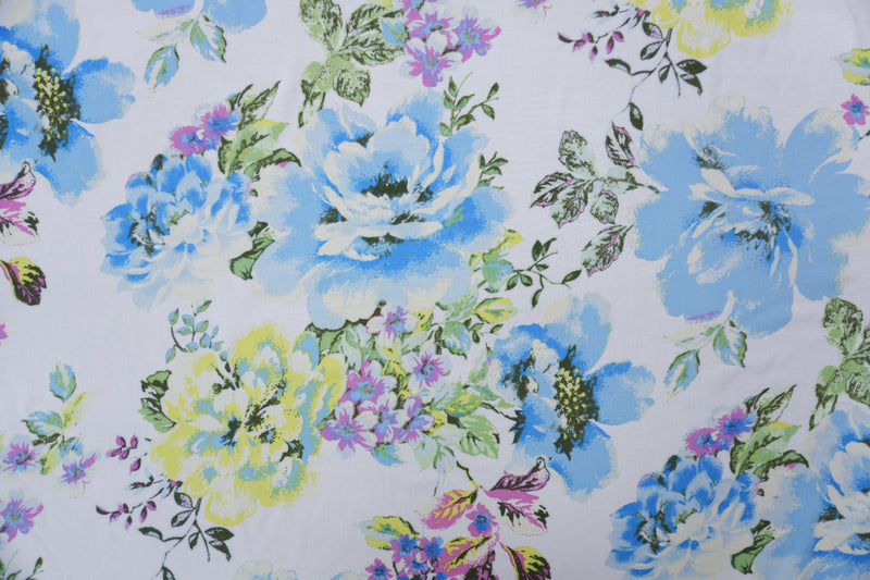 Blue-White-Multi Rayon Floral Printed Voile Woven Fabric