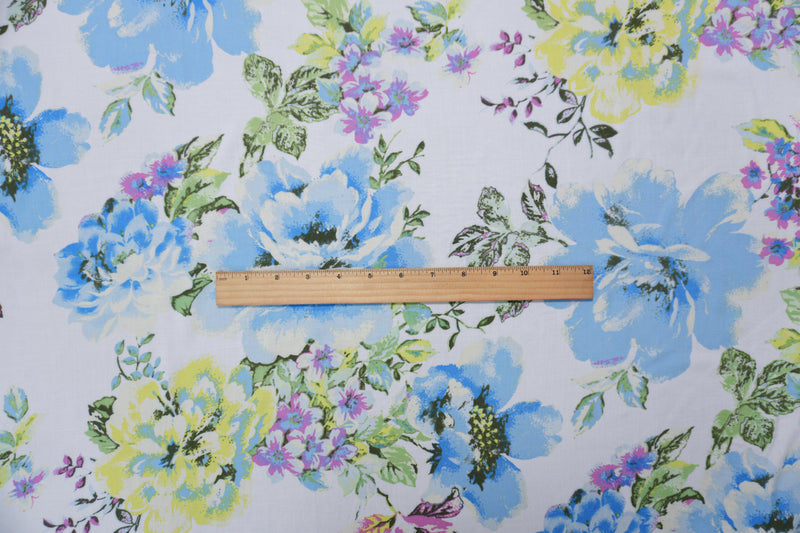 Blue-White-Multi Rayon Floral Printed Voile Woven Fabric