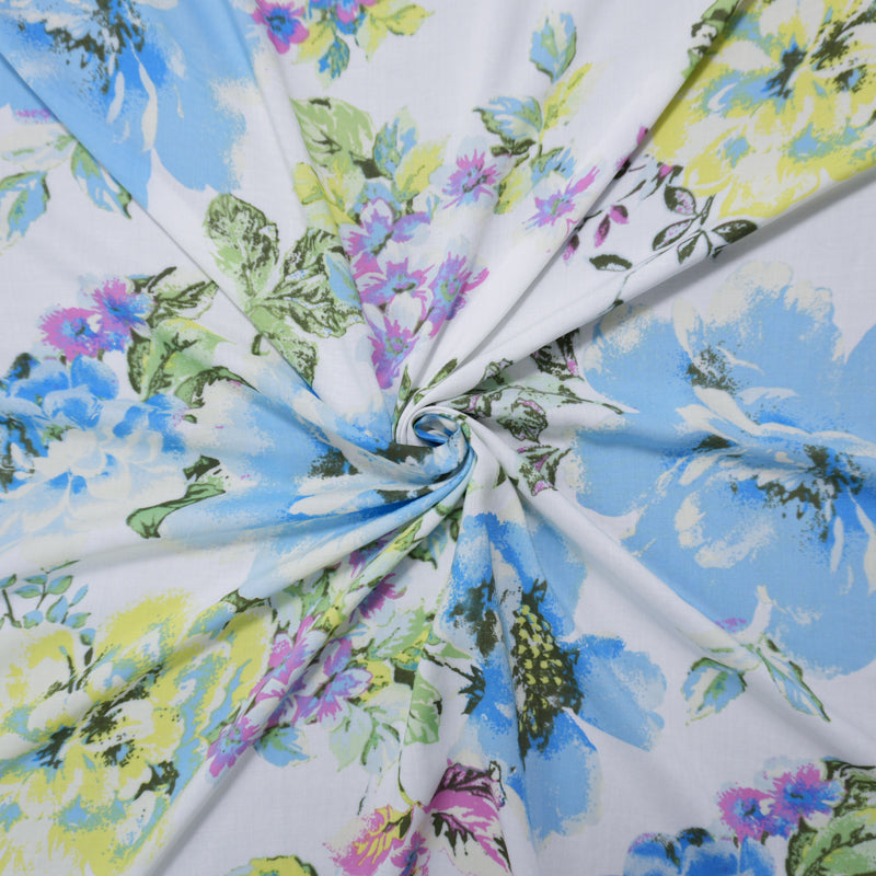 Blue-White-Multi Rayon Floral Printed Voile Woven Fabric