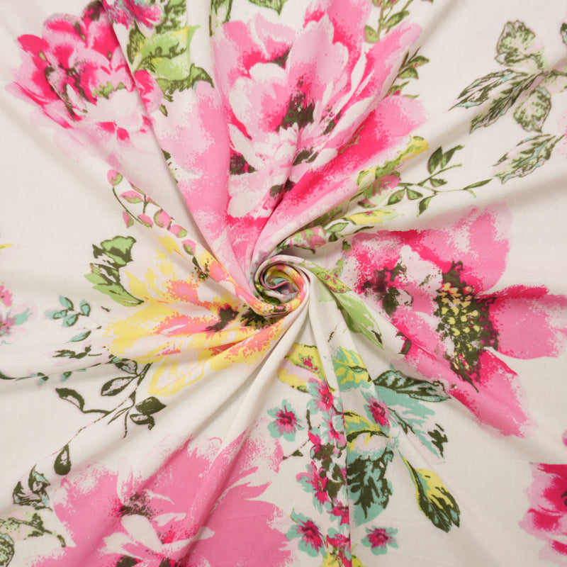 Pink-White-Multi Rayon Floral Printed Voile Woven Fabric