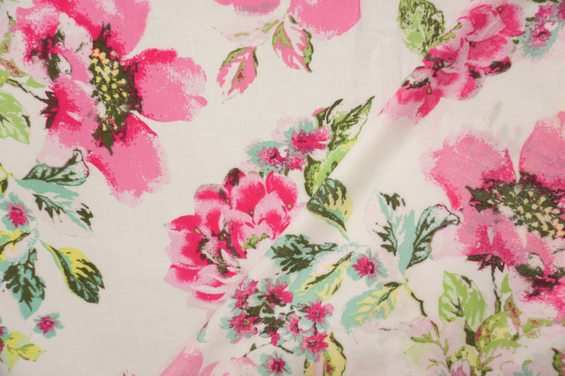 3 1/4 YD PC-Pink-White-Multi Rayon Floral Printed Voile Woven Fabric