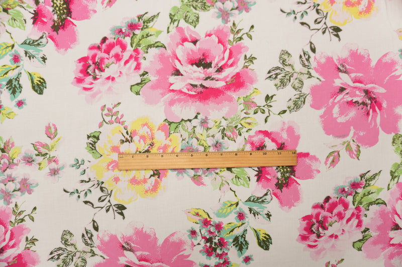 Pink-White-Multi Rayon Floral Printed Voile Woven Fabric