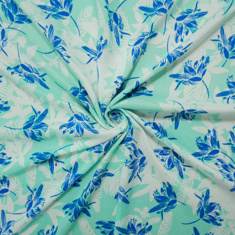 Teal-White-White Rayon Floral Printed Voile Woven Fabric