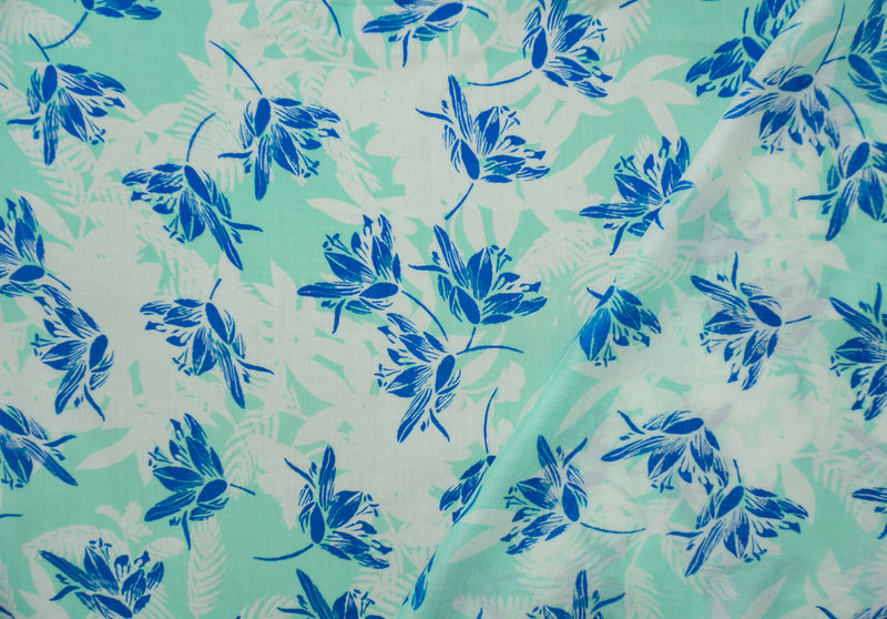 Teal-White-White Rayon Floral Printed Voile Woven Fabric