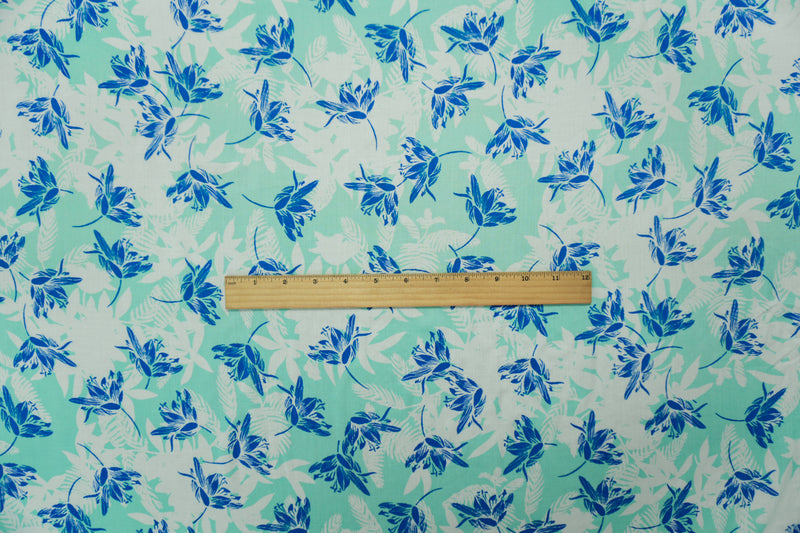 Teal-White-White Rayon Floral Printed Voile Woven Fabric
