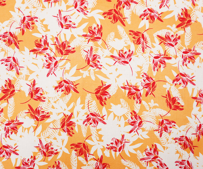 Orange-White-Red Rayon Floral Printed Voile Woven Fabric