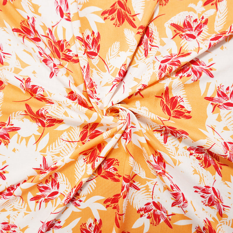 Orange-White-Red Rayon Floral Printed Voile Woven Fabric