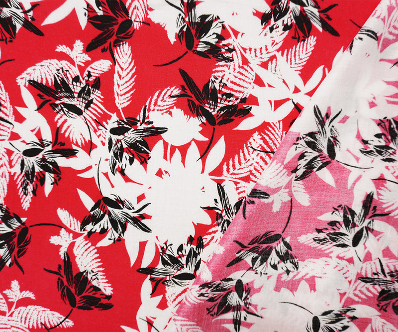 Red-White-Black Rayon Floral Printed Voile Woven Fabric