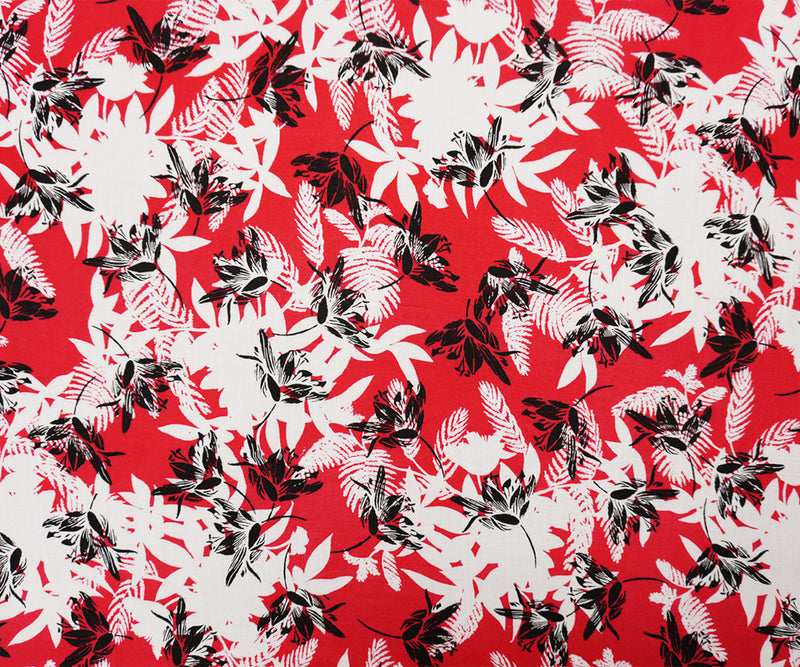Red-White-Black Rayon Floral Printed Voile Woven Fabric