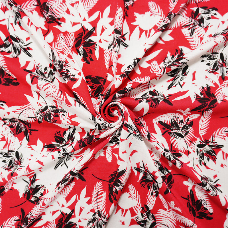 Red-White-Black Rayon Floral Printed Voile Woven Fabric