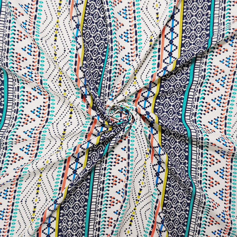 Blue-Multi Rayon Aztec Printed Cross Dobby Jacquard Woven Fabric