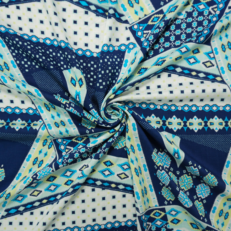 Blue-White-Multi Rayon Aztec Printed Voile Woven Fabric
