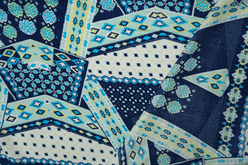 Blue-White-Multi Rayon Aztec Printed Voile Woven Fabric