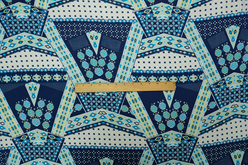 Blue-White-Multi Rayon Aztec Printed Voile Woven Fabric