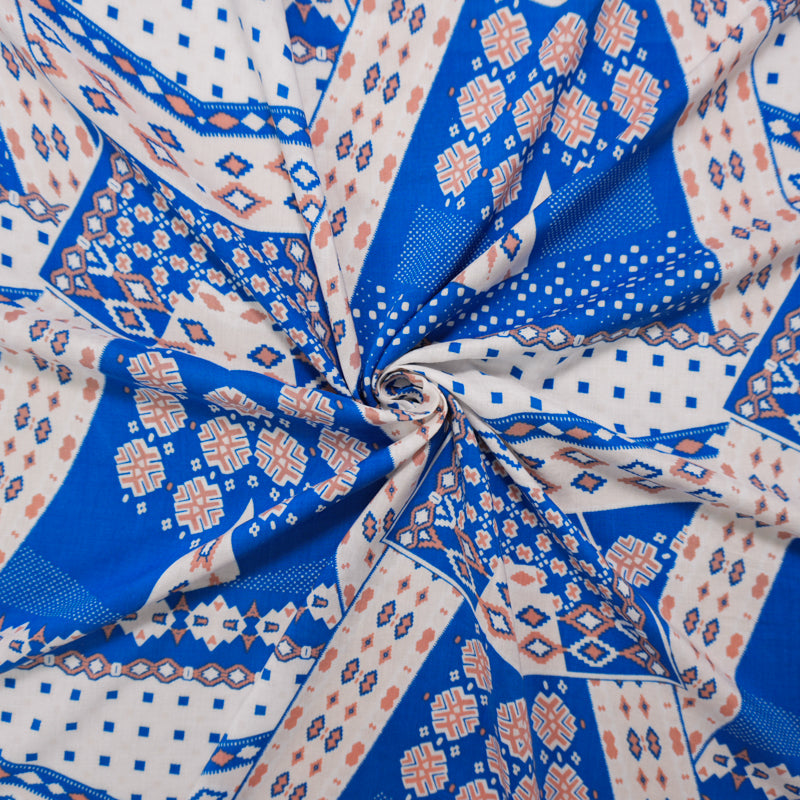 Blue-White-Orange Rayon Aztec Printed Voile Woven Fabric
