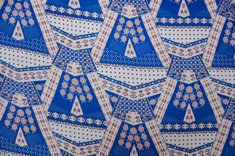 Blue-White-Orange Rayon Aztec Printed Voile Woven Fabric