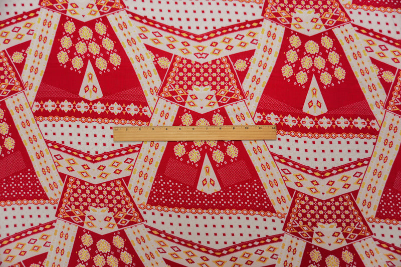 Red-Ivory-Yellow Rayon Aztec Printed Voile Woven Fabric