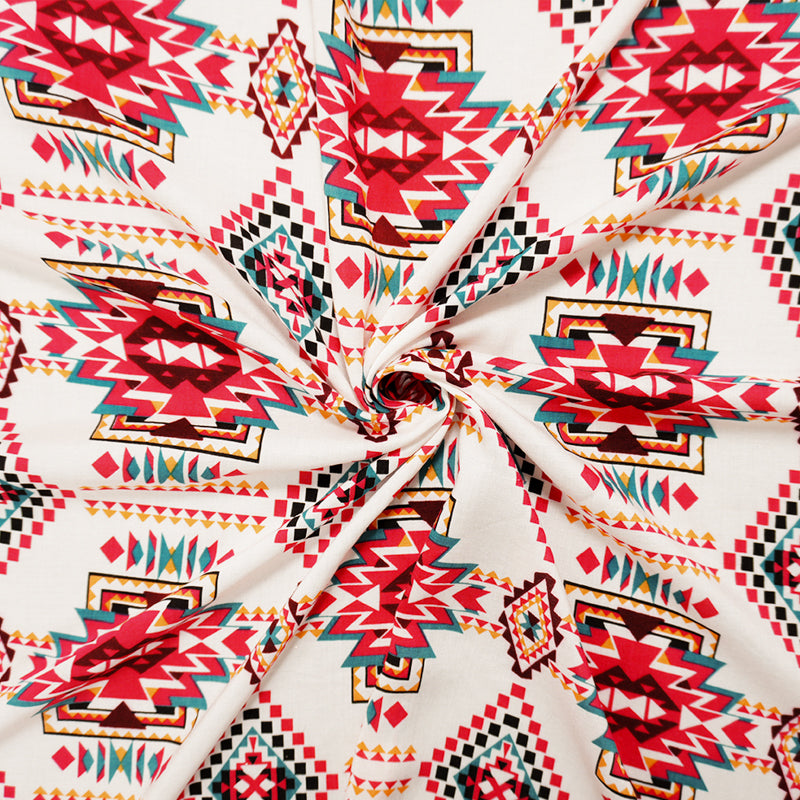 Red-White-Multi Rayon Aztec Printed Voile Woven Fabric