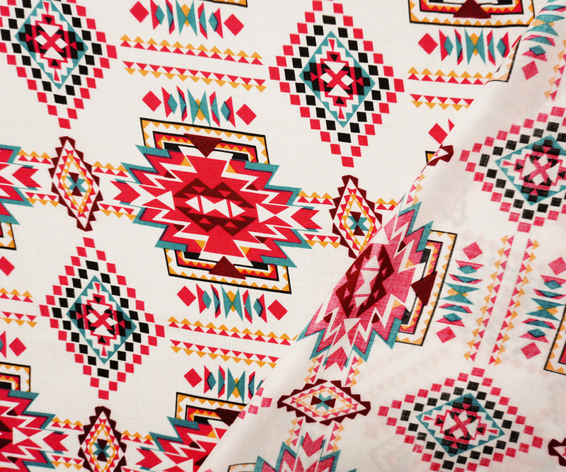 Red-White-Multi Rayon Aztec Printed Voile Woven Fabric