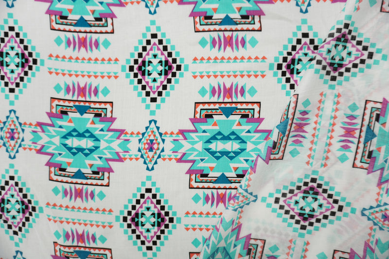 Teal-White-Multi Rayon Aztec Printed Voile Woven Fabric