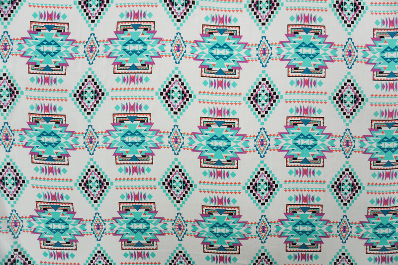 Teal-White-Multi Rayon Aztec Printed Voile Woven Fabric
