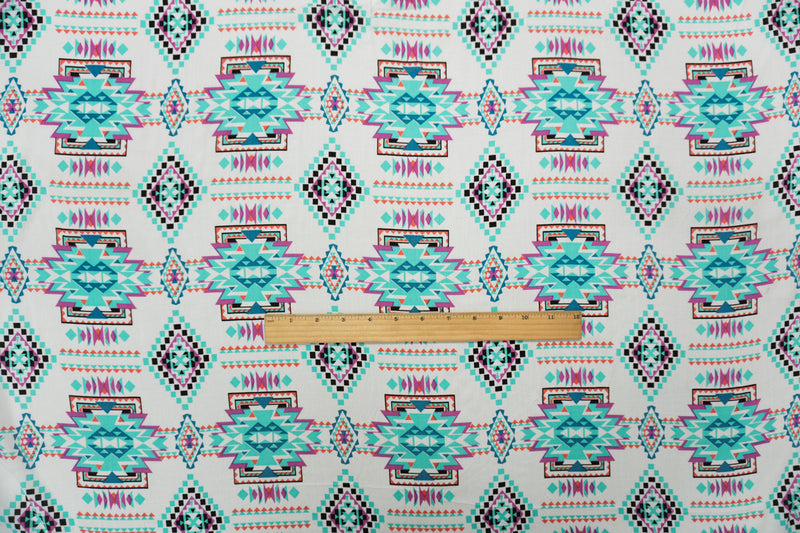Teal-White-Multi Rayon Aztec Printed Voile Woven Fabric
