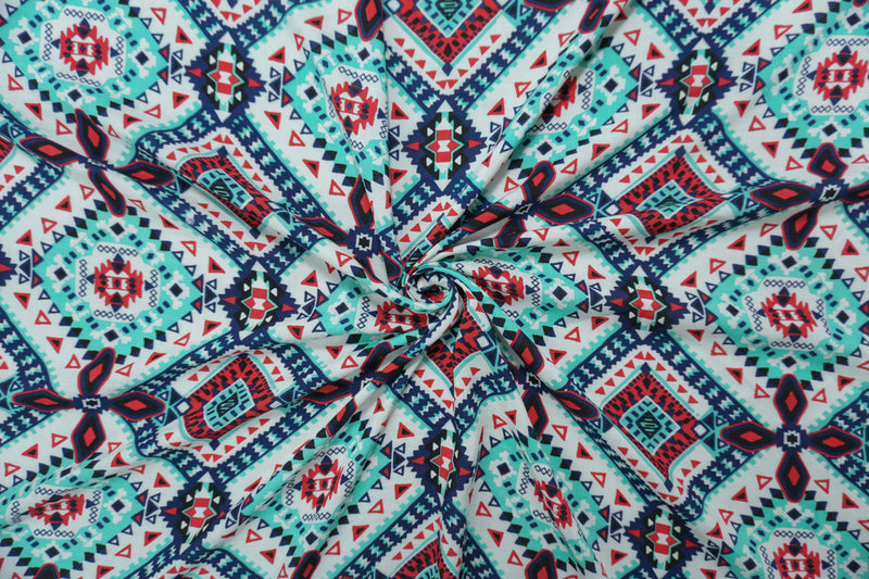 Teal-Red-Multi Rayon Aztec Printed Voile Woven Fabric