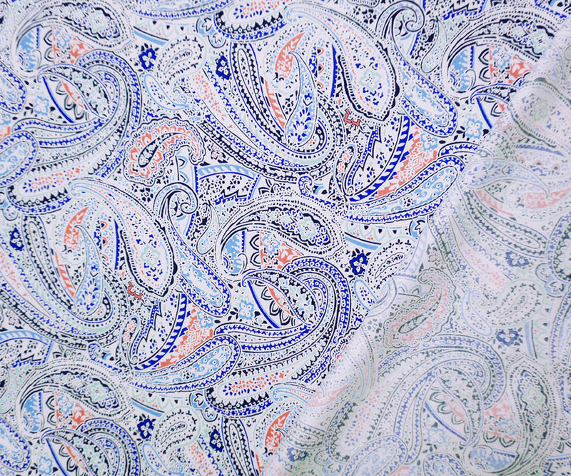 Blue-White-Multi Washed Rayon Paisley Printed Twill Woven Fabric