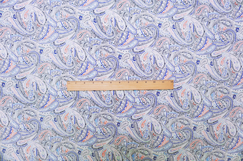 Blue-White-Multi Washed Rayon Paisley Printed Twill Woven Fabric